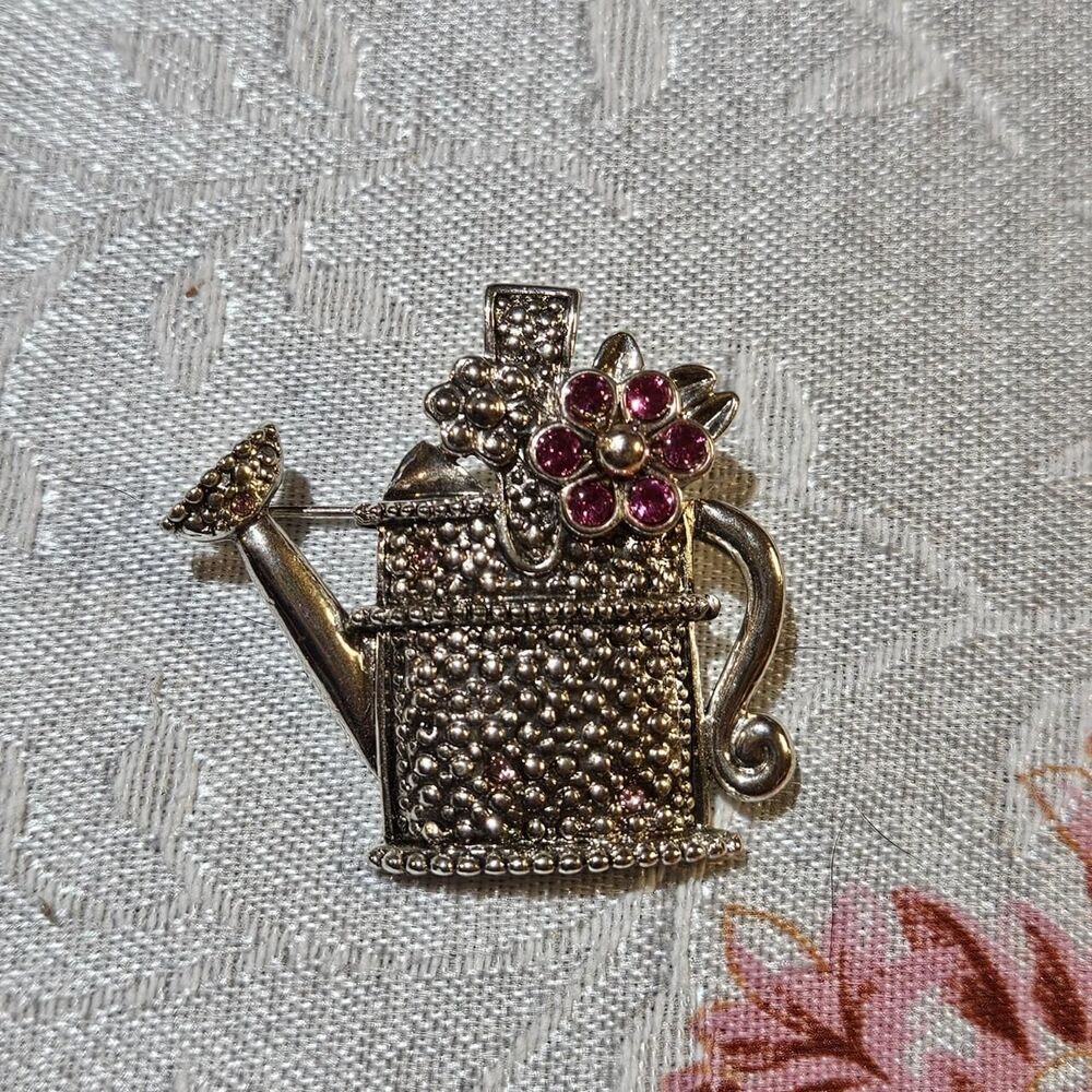vintage cottagecore twee silver tone watering can pink flower brooch